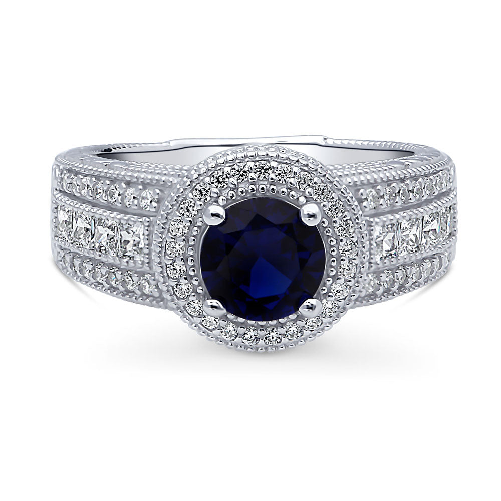 Halo Milgrain Simulated Blue Sapphire Round CZ Ring in Sterling Silver