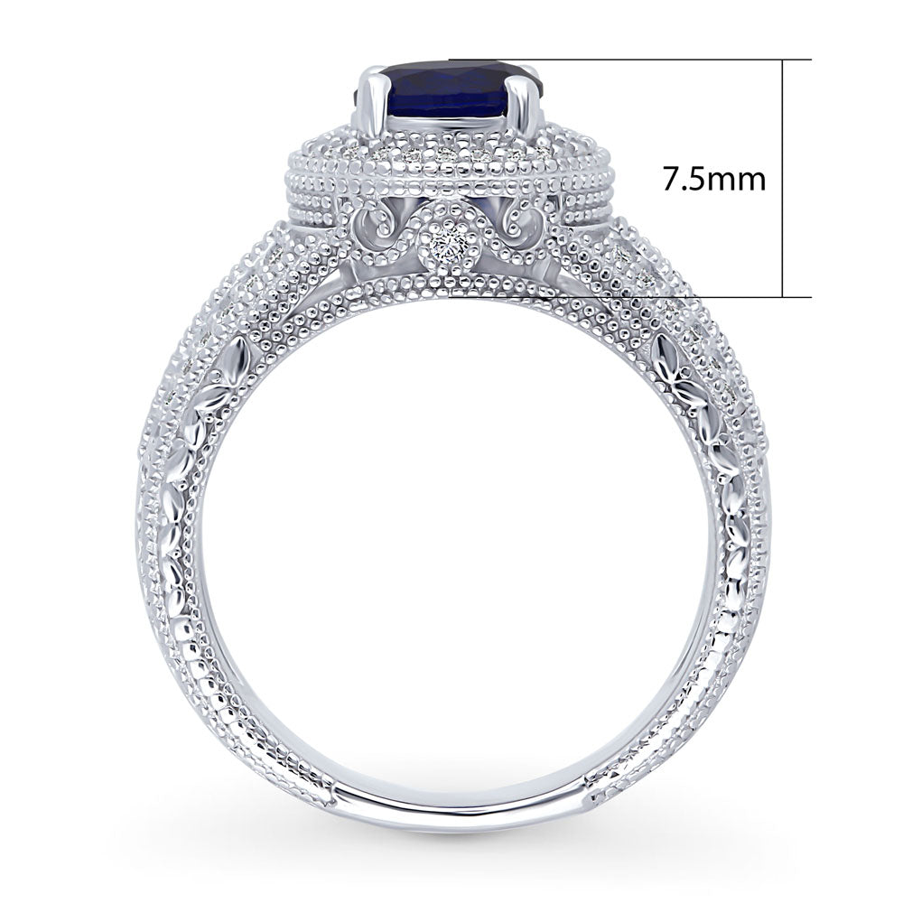 Halo Milgrain Simulated Blue Sapphire Round CZ Ring in Sterling Silver