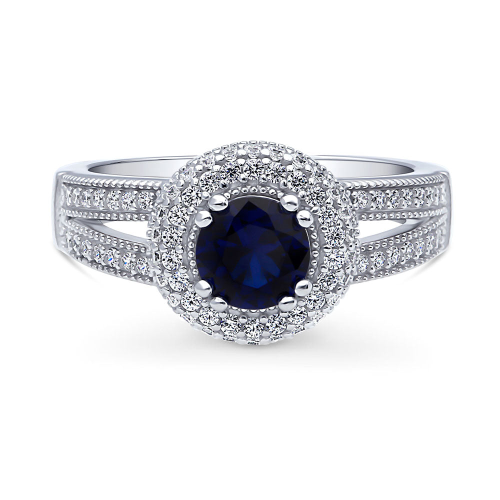 Halo Sapphire-Blue CZ Split Shank Ring in Sterling Silver