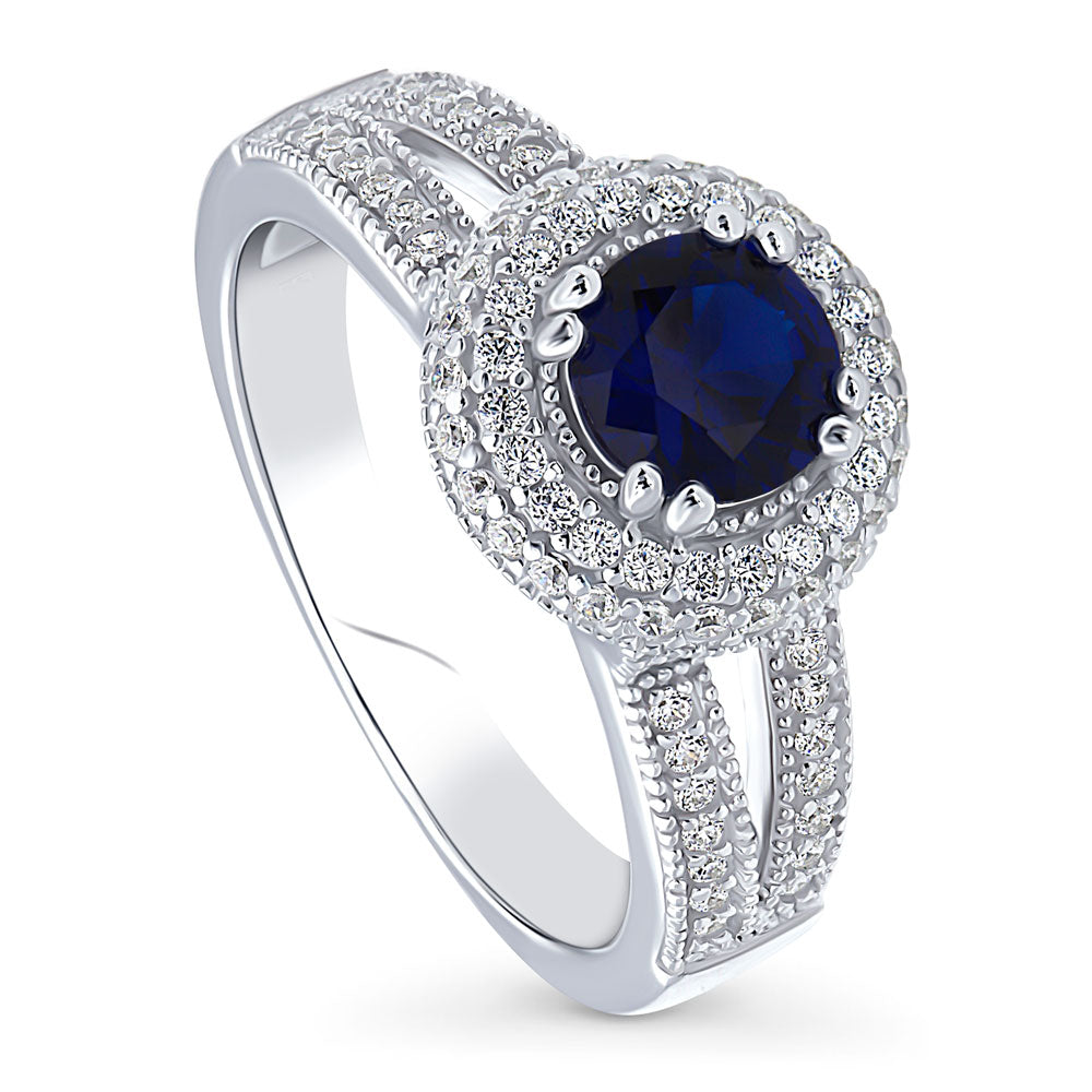 Front view of Halo Sapphire-Blue CZ Split Shank Ring in Sterling Silver, 4 of 10