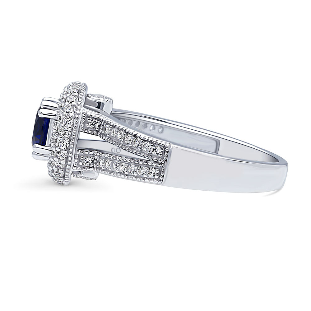 Halo Sapphire-Blue CZ Split Shank Ring in Sterling Silver