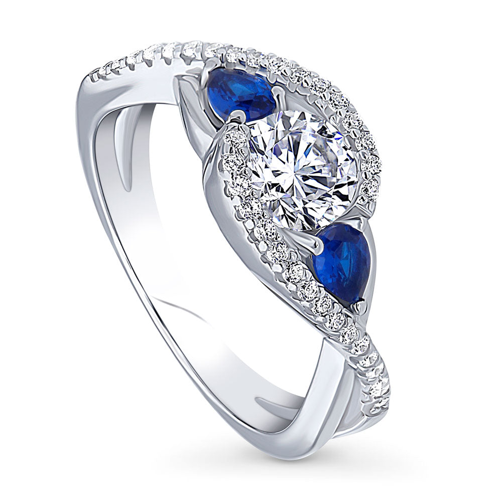 Front view of 3-Stone Woven Bypass 0.8ct CZ Ring in Sterling Silver, 4 of 9