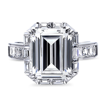 Halo Art Deco Step Emerald Cut CZ Ring in Sterling Silver