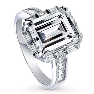 Halo Art Deco Step Emerald Cut CZ Ring in Sterling Silver