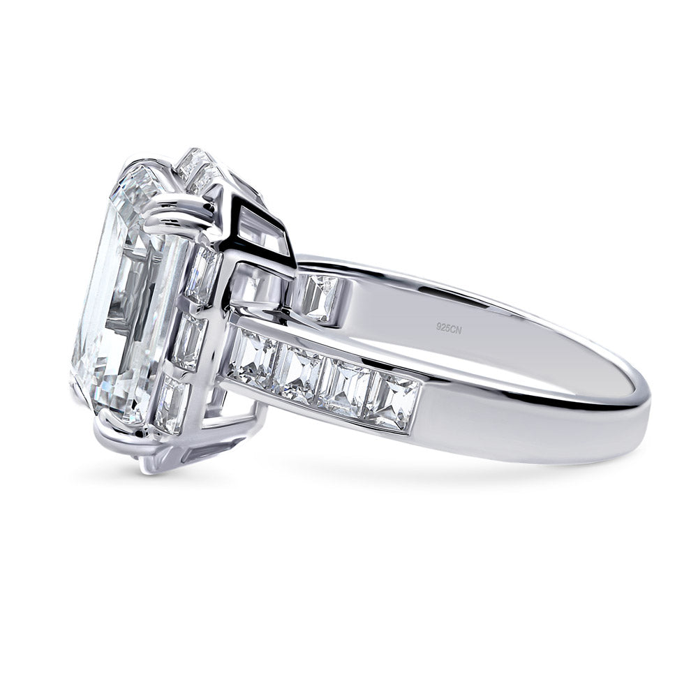 Angle view of Halo Art Deco Emerald Cut CZ Ring in Sterling Silver, 5 of 9