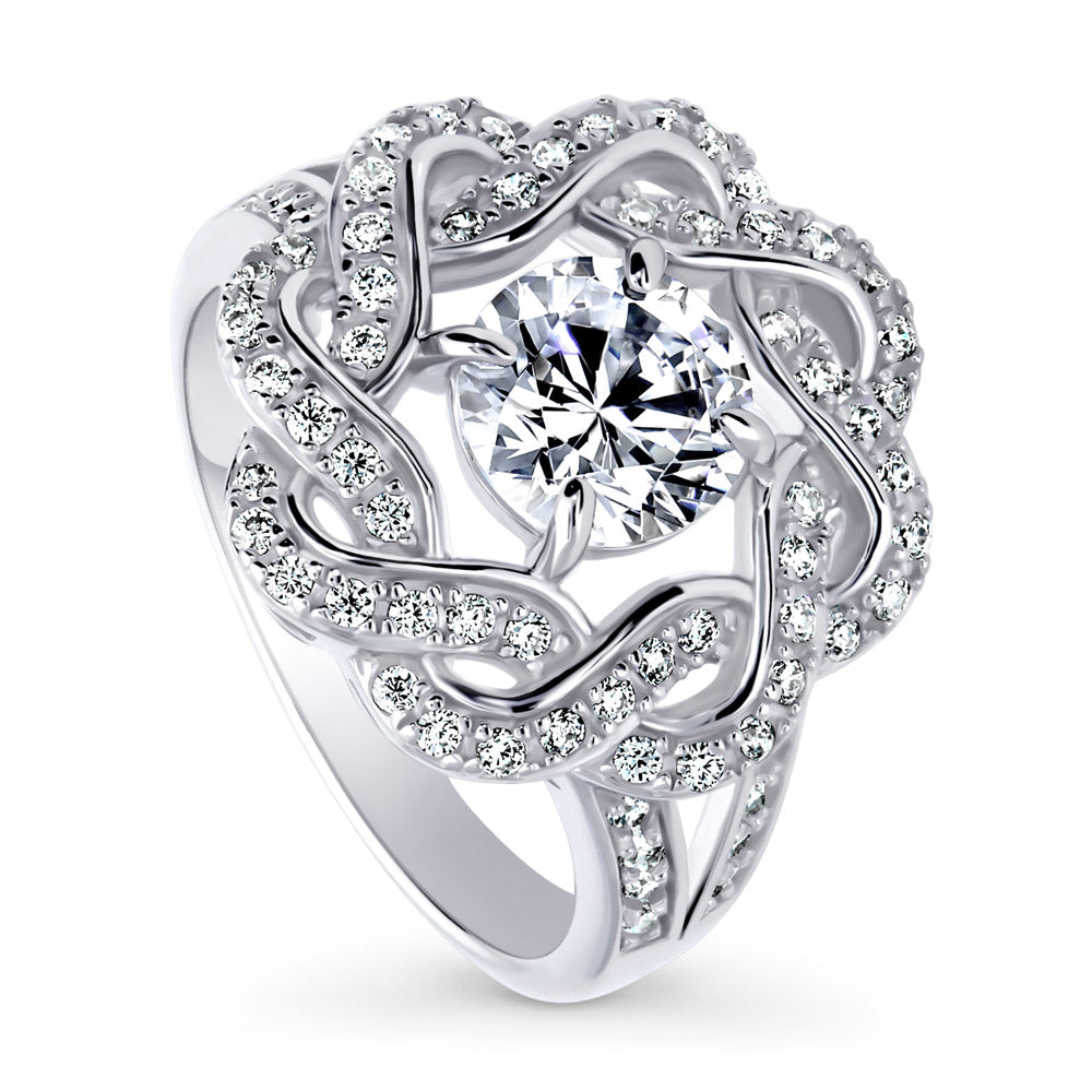 Front view of Flower Woven Ribbon Wreath CZ Split Shank Ring in Sterling Silver, 4 of 11