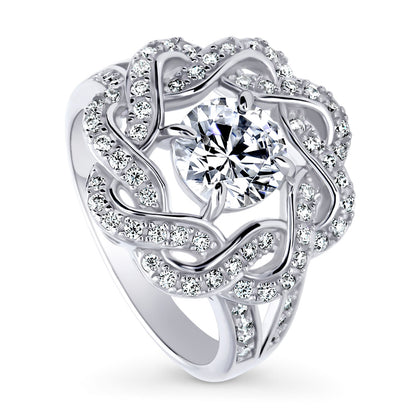 Flower Woven Ribbon Wreath CZ Split Shank Ring in Sterling Silver