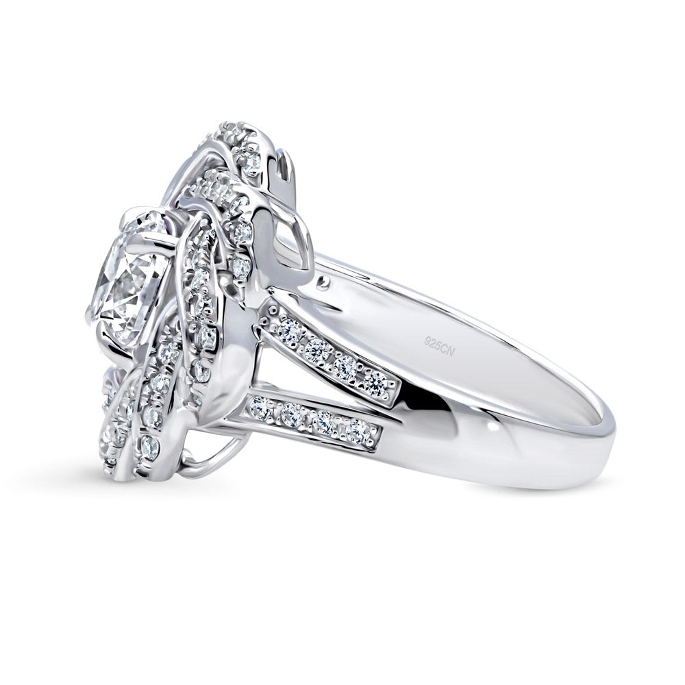 Flower Woven Ribbon Wreath CZ Split Shank Ring in Sterling Silver