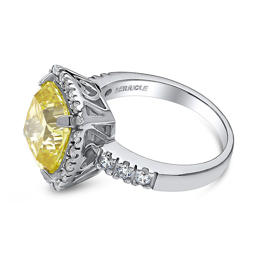 Angle view of Halo Canary Yellow Cushion CZ Ring in Sterling Silver, 5 of 14