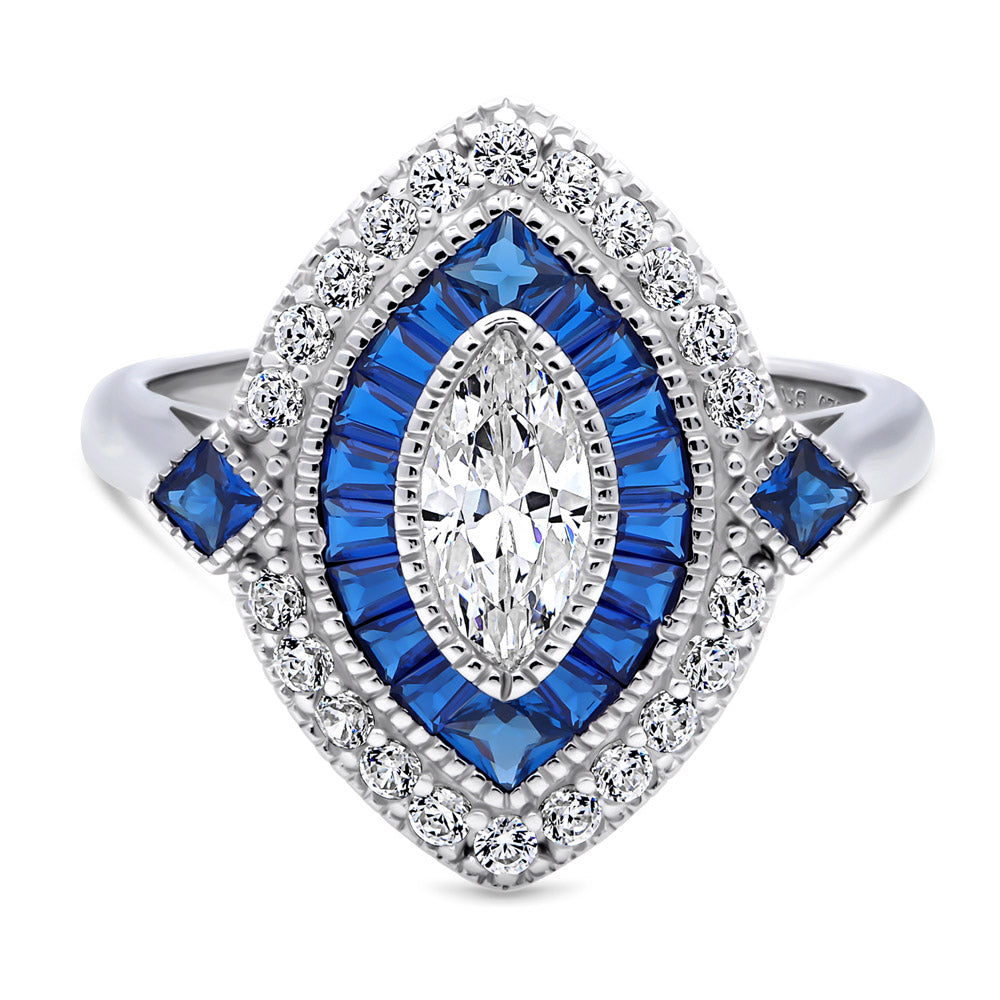 Navette Halo Art Deco Milgrain CZ Ring in Sterling Silver