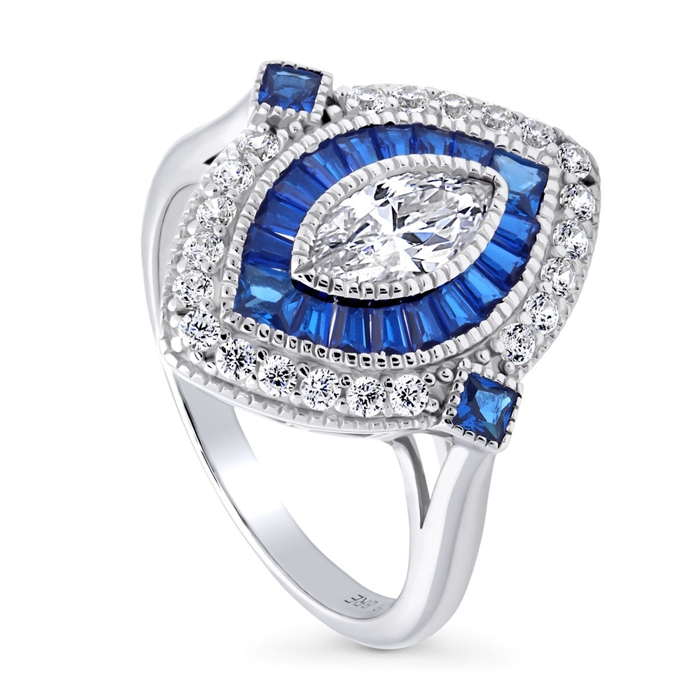 Front view of Navette Halo Art Deco Milgrain CZ Ring in Sterling Silver, 4 of 8