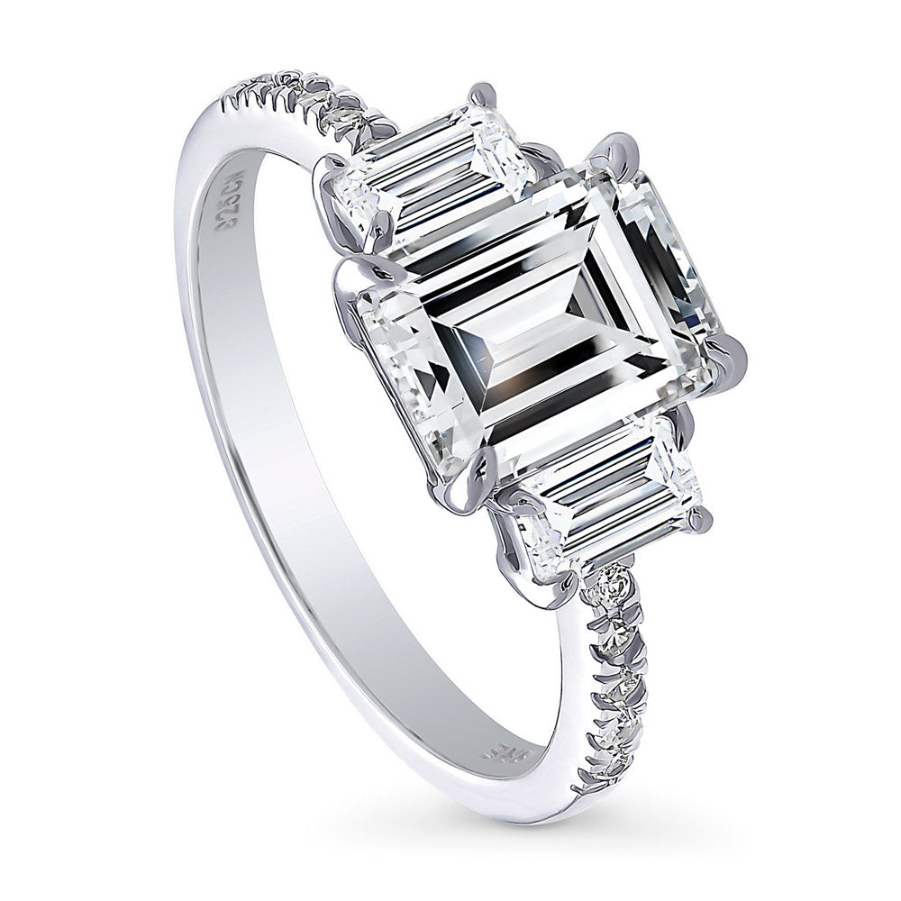 3-Stone Step Emerald Cut CZ Ring in Sterling Silver