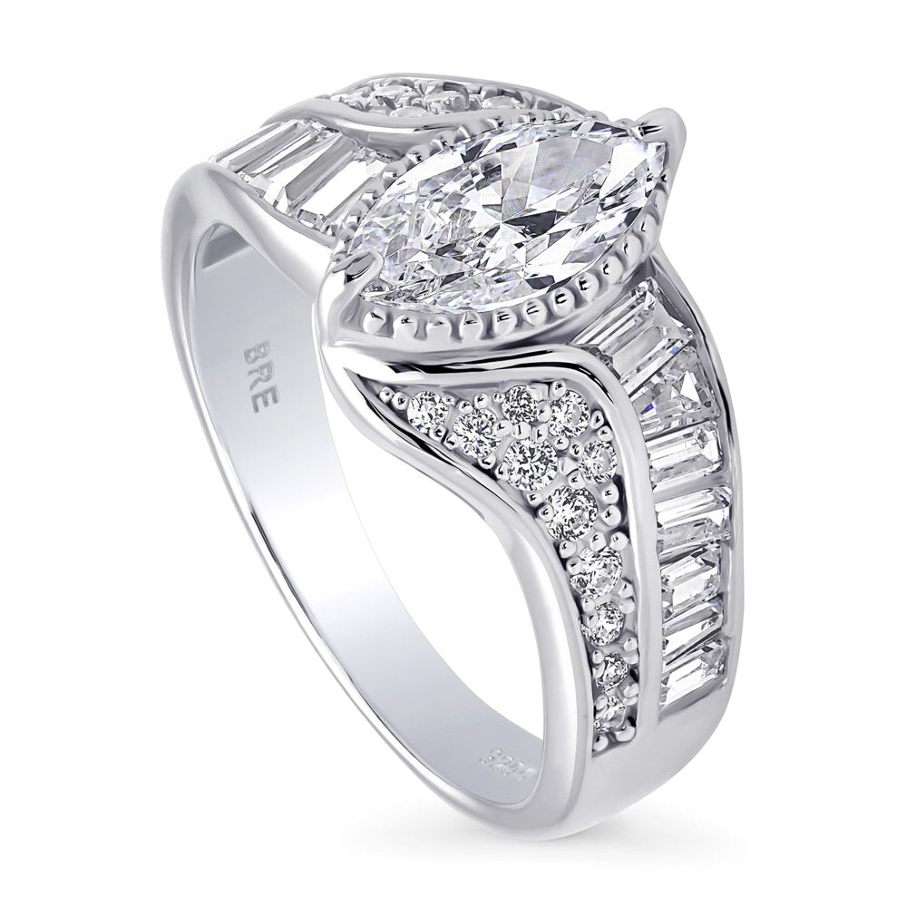 Front view of Halo Woven Art Deco Marquise CZ Ring in Sterling Silver, 4 of 9
