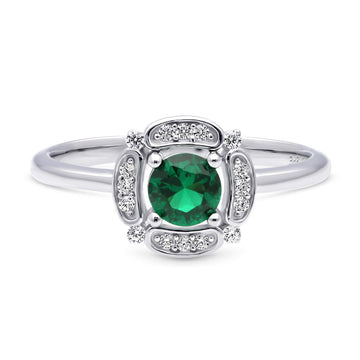 Halo Flower Green Round CZ Ring in Sterling Silver