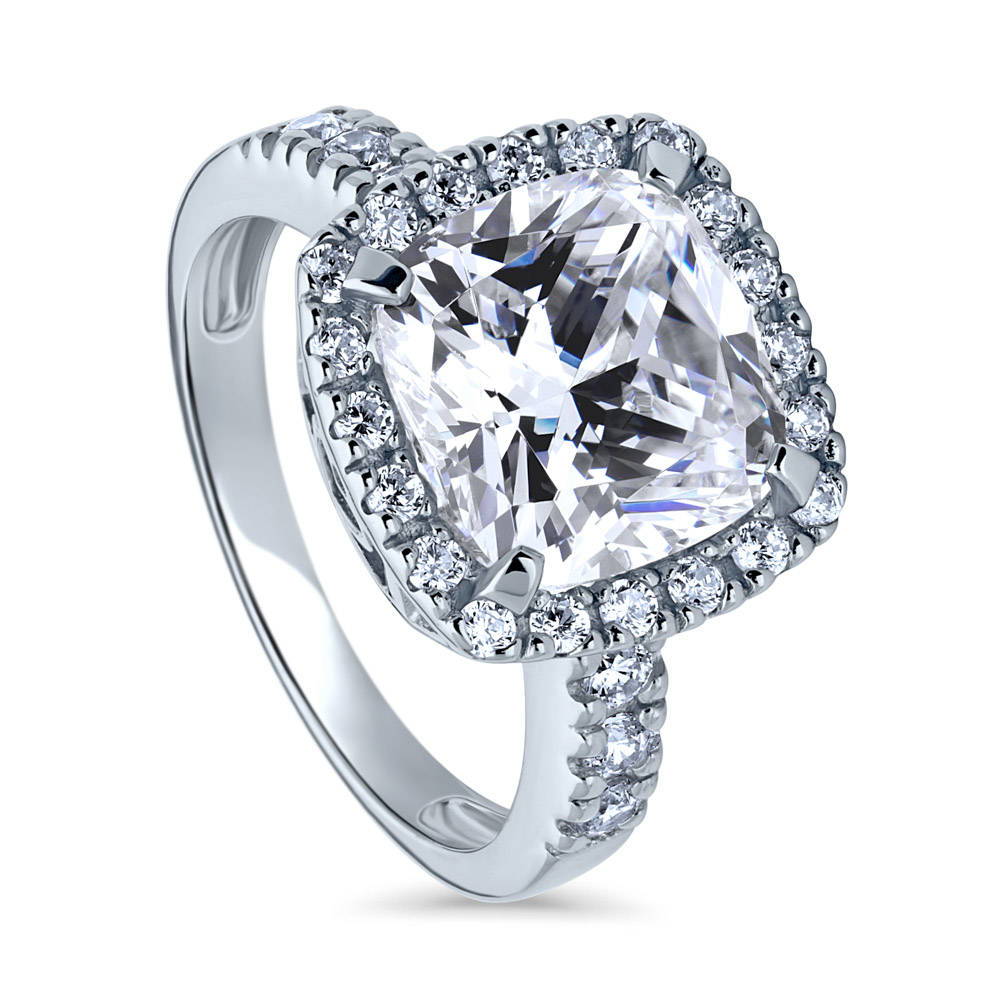 Front view of Halo Cushion Cut CZ Ring in Sterling Silver, 4 of 12