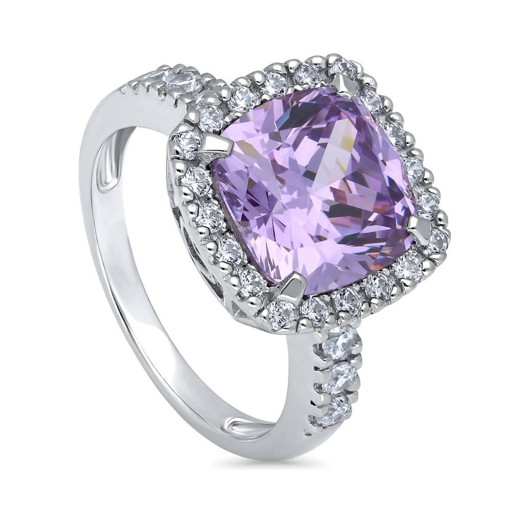 Front view of Halo Purple Cushion CZ Ring in Sterling Silver, 3 of 7