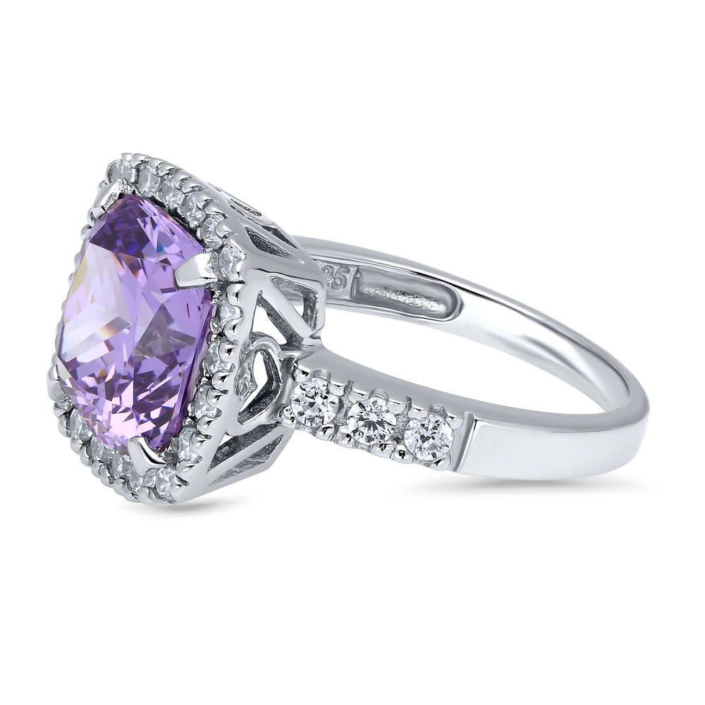 Halo Purple Cushion CZ Ring in Sterling Silver