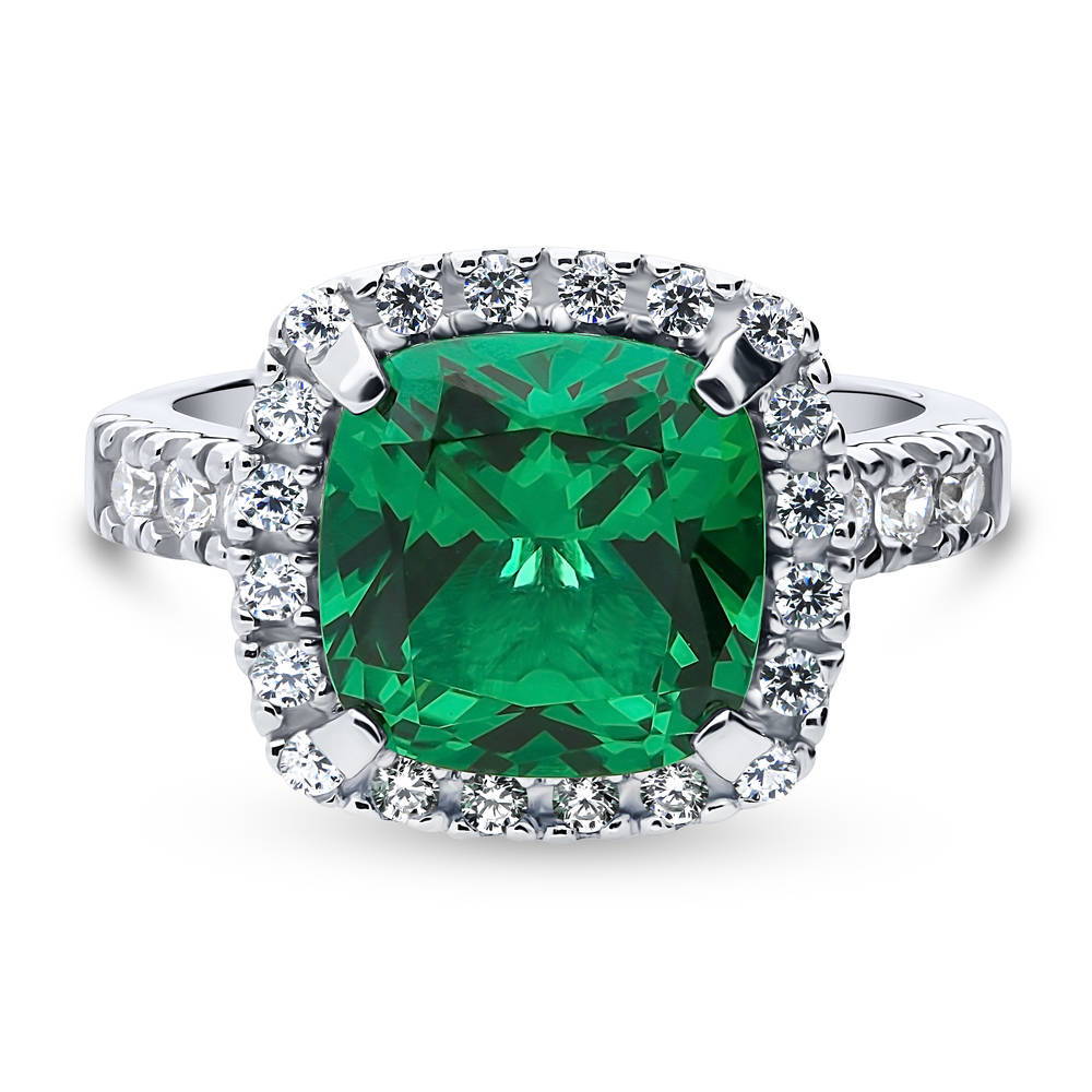 Halo Green Cushion CZ Statement Ring in Sterling Silver