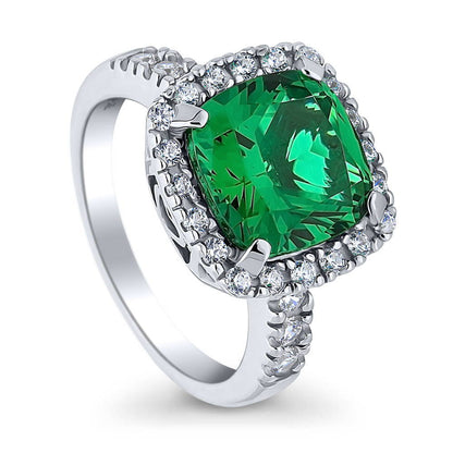 Halo Green Cushion CZ Ring in Sterling Silver