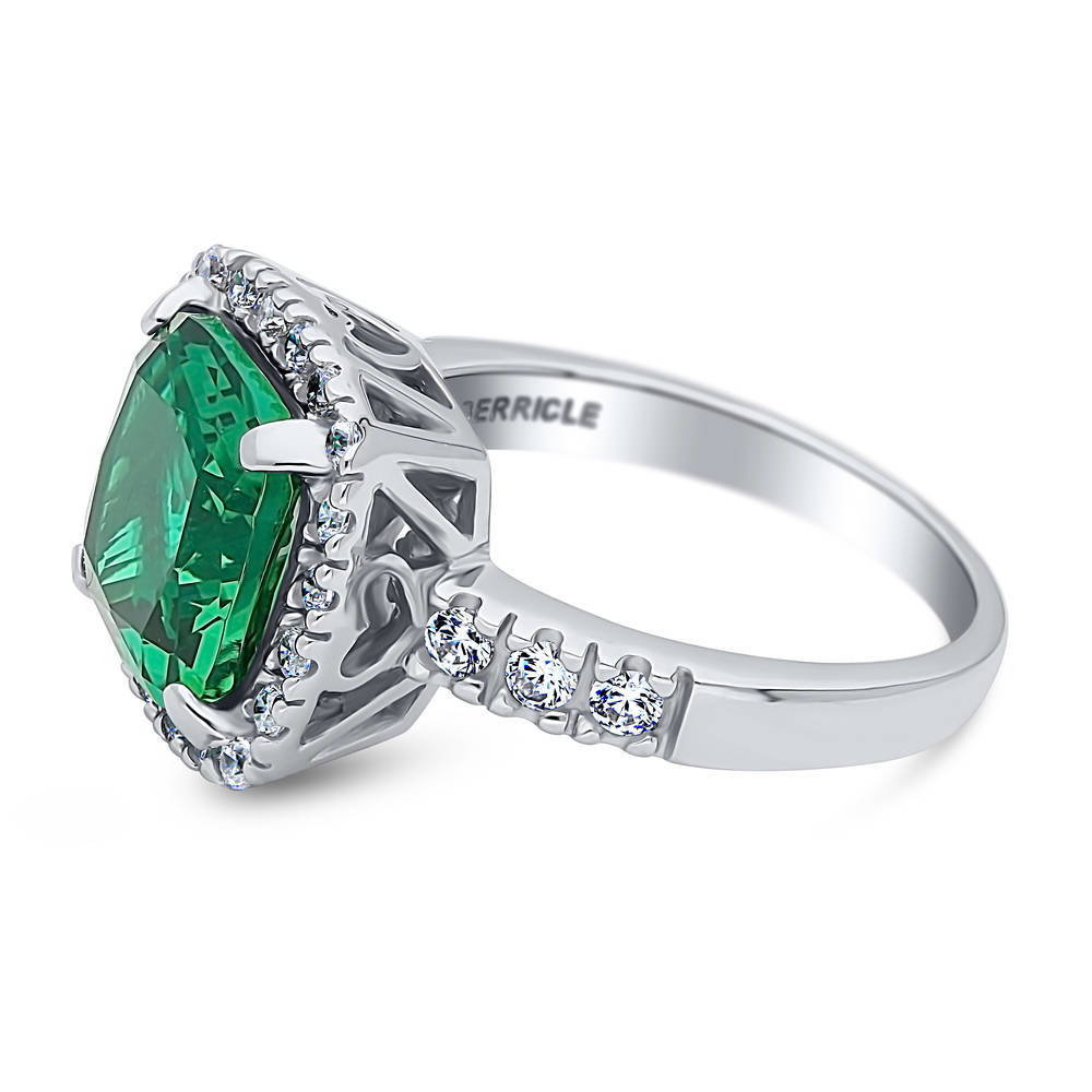 Angle view of Halo Green Cushion CZ Ring in Sterling Silver, 5 of 7