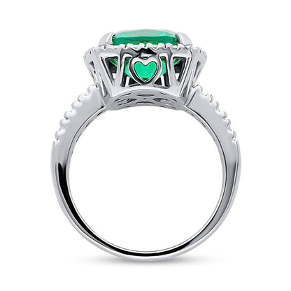 Halo Green Cushion CZ Ring in Sterling Silver