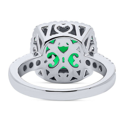 Halo Green Cushion CZ Ring in Sterling Silver