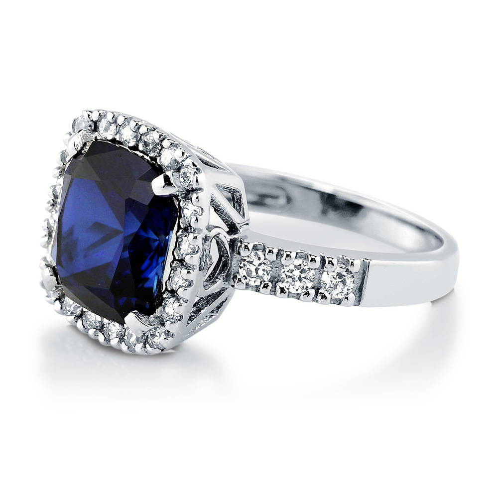 Angle view of Halo Sapphire-Blue Cushion CZ Ring in Sterling Silver, 5 of 7