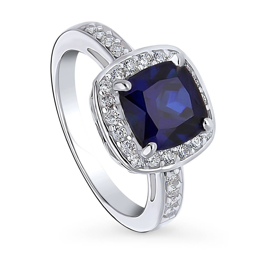 Halo Simulated Blue Sapphire Cushion CZ Ring in Sterling Silver