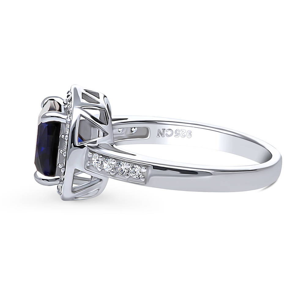 Halo Simulated Blue Sapphire Cushion CZ Ring in Sterling Silver