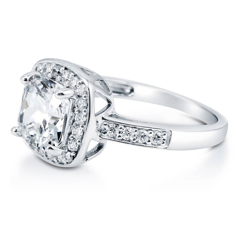 Front view of Halo Cushion Cut CZ Ring in Sterling Silver, 5 of 9