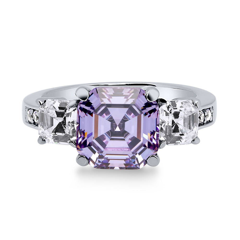 3-Stone 4.1ct Purple Asscher CZ Ring in Sterling Silver, 1 of 8