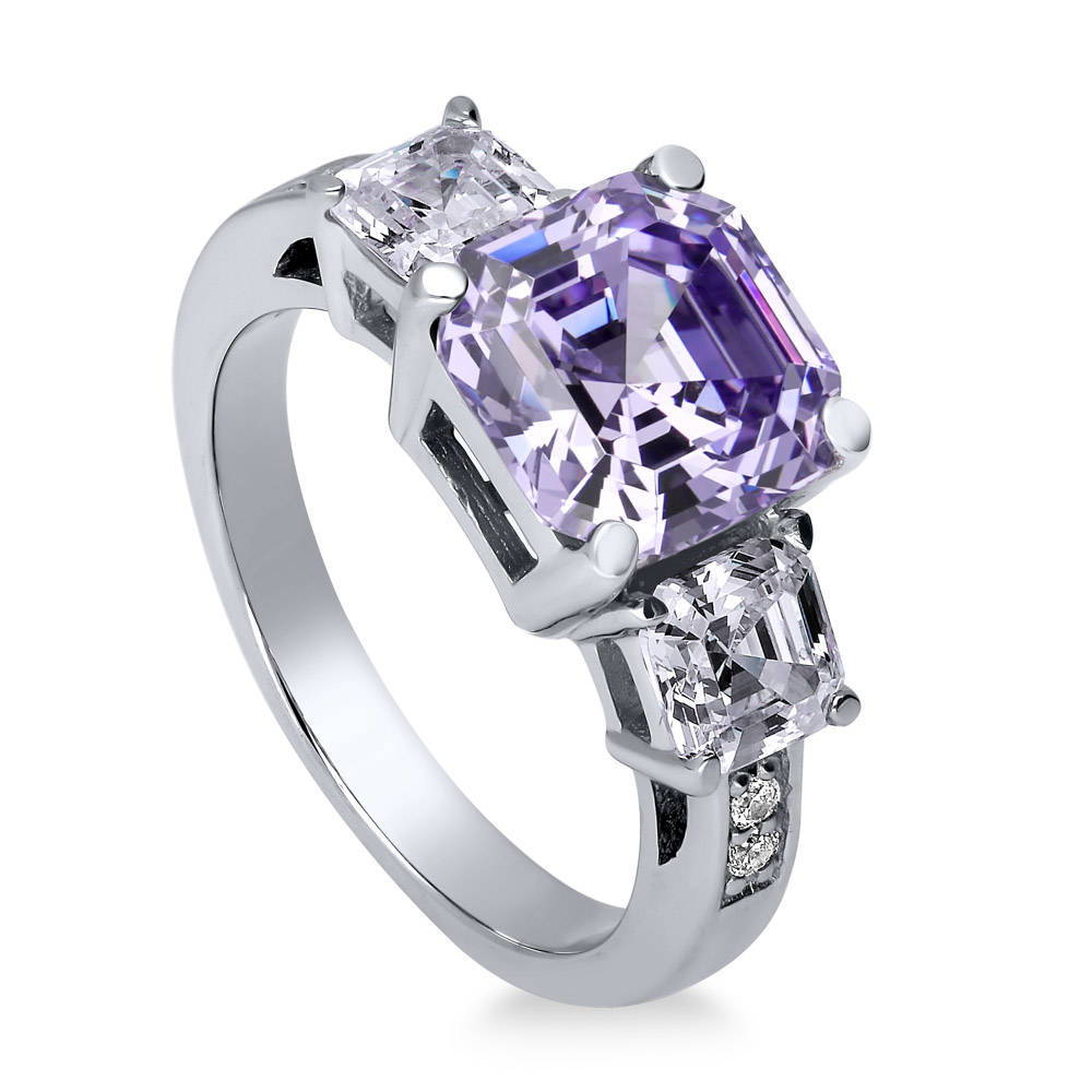 3-Stone 4.1ct Purple Asscher CZ Ring in Sterling Silver