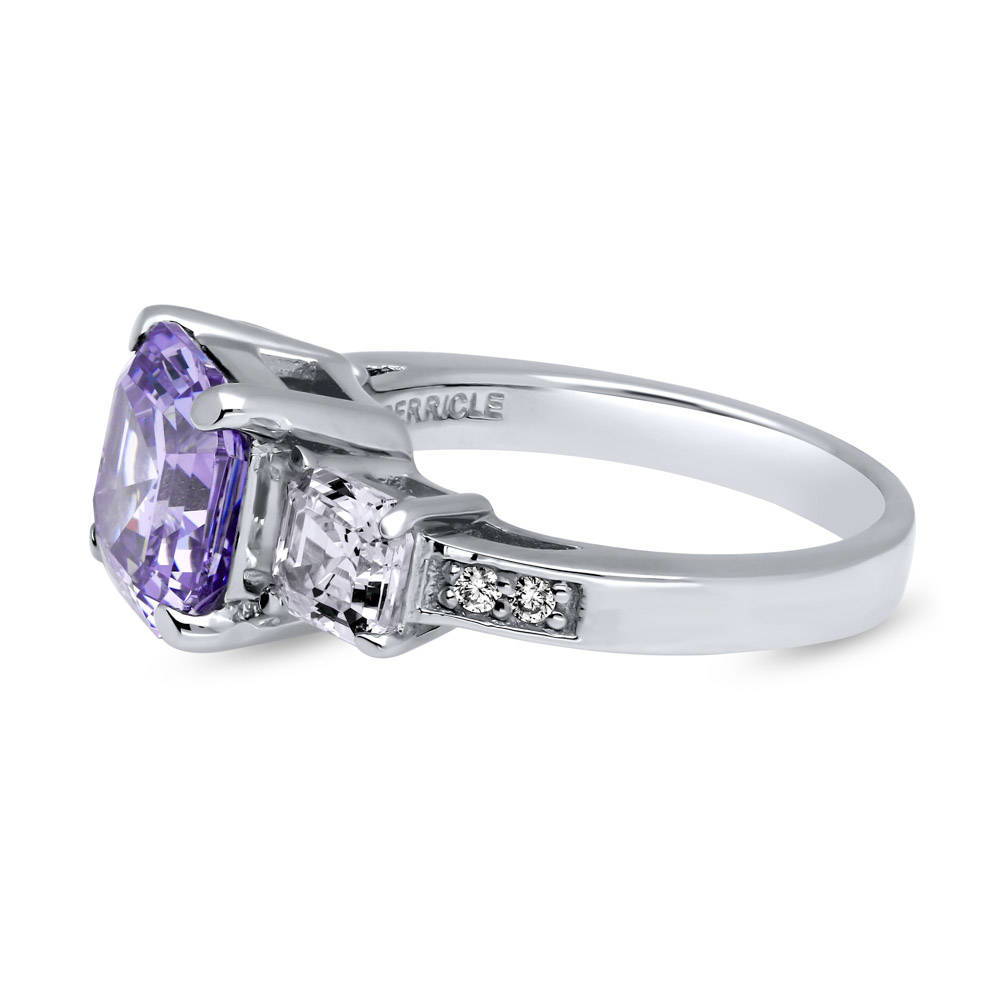 Angle view of 3-Stone 4.1ct Purple Asscher CZ Ring in Sterling Silver, 5 of 8