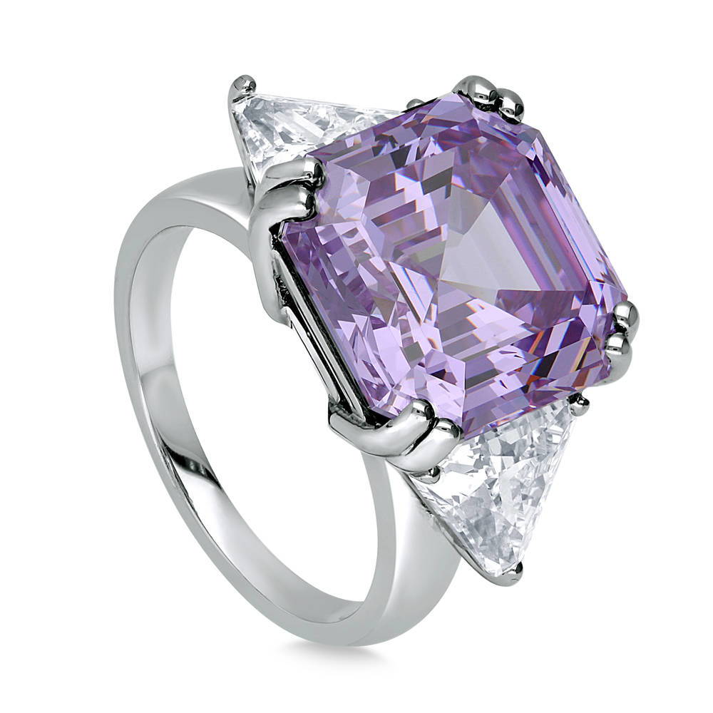 3-Stone Purple Asscher CZ Statement Ring in Sterling Silver