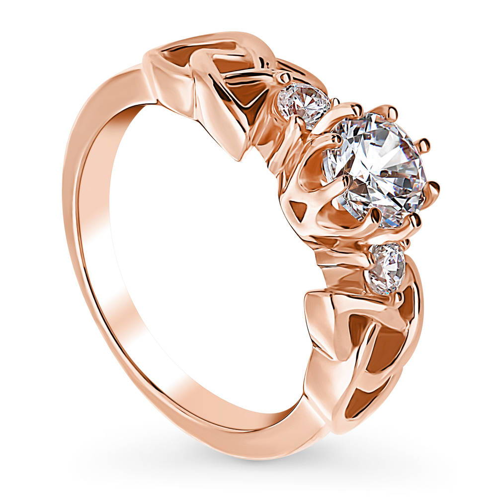 Front view of Celtic Knot 3-Stone CZ Ring in Rose Gold Plated Sterling Silver, 4 of 7