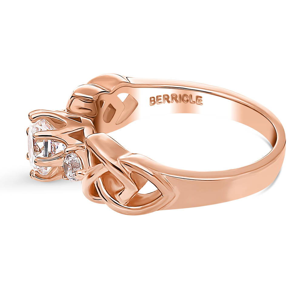 Angle view of Celtic Knot 3-Stone CZ Ring in Rose Gold Plated Sterling Silver, 5 of 7