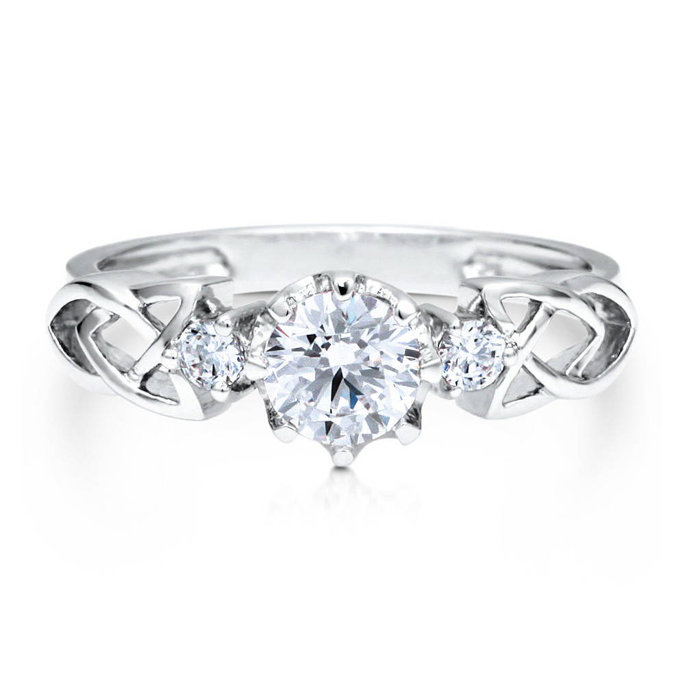 Front view of 3-Stone Celtic Knot 0.8ct CZ Ring in Sterling Silver, 1 of 9