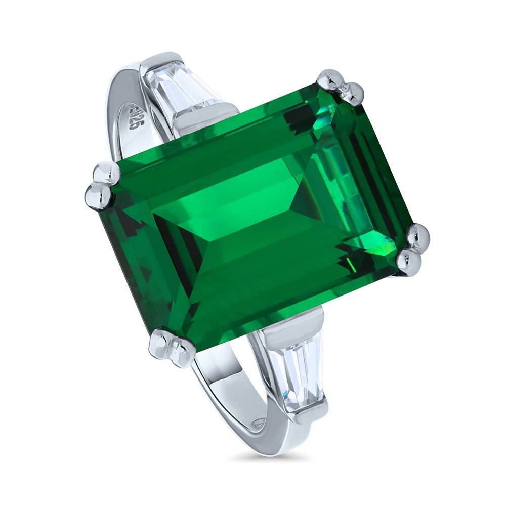 Solitaire Emerald-Green Emerald Cut CZ Ring in Sterling Silver