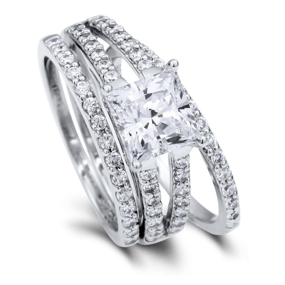 Front view of Solitaire 2ct Princess CZ Split Shank Ring Set in Sterling Silver, 4 of 15