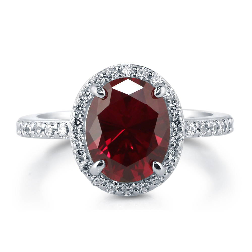 Halo Ruby-Red Oval CZ Ring in Sterling Silver