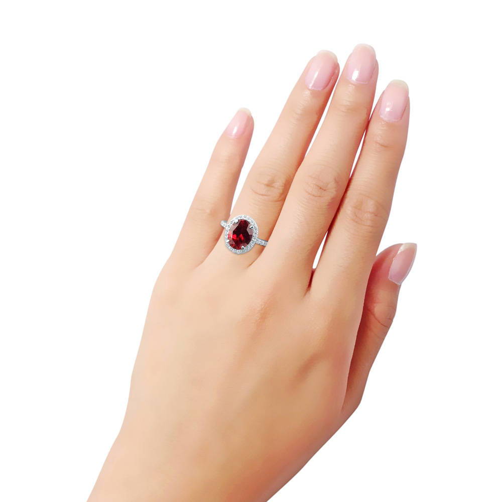 Halo Ruby-Red Oval CZ Ring in Sterling Silver, 9 of 10