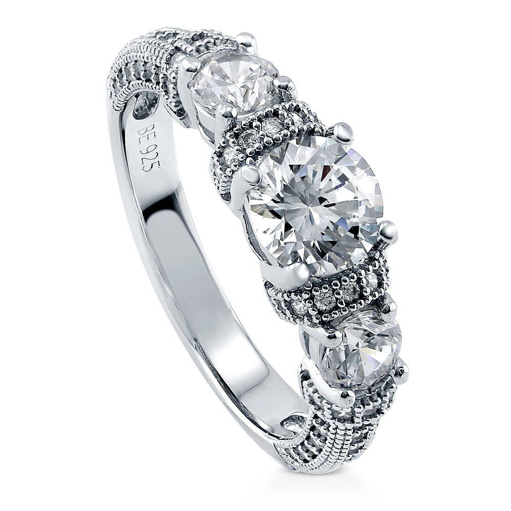 3-Stone Art Deco Round CZ Ring in Sterling Silver