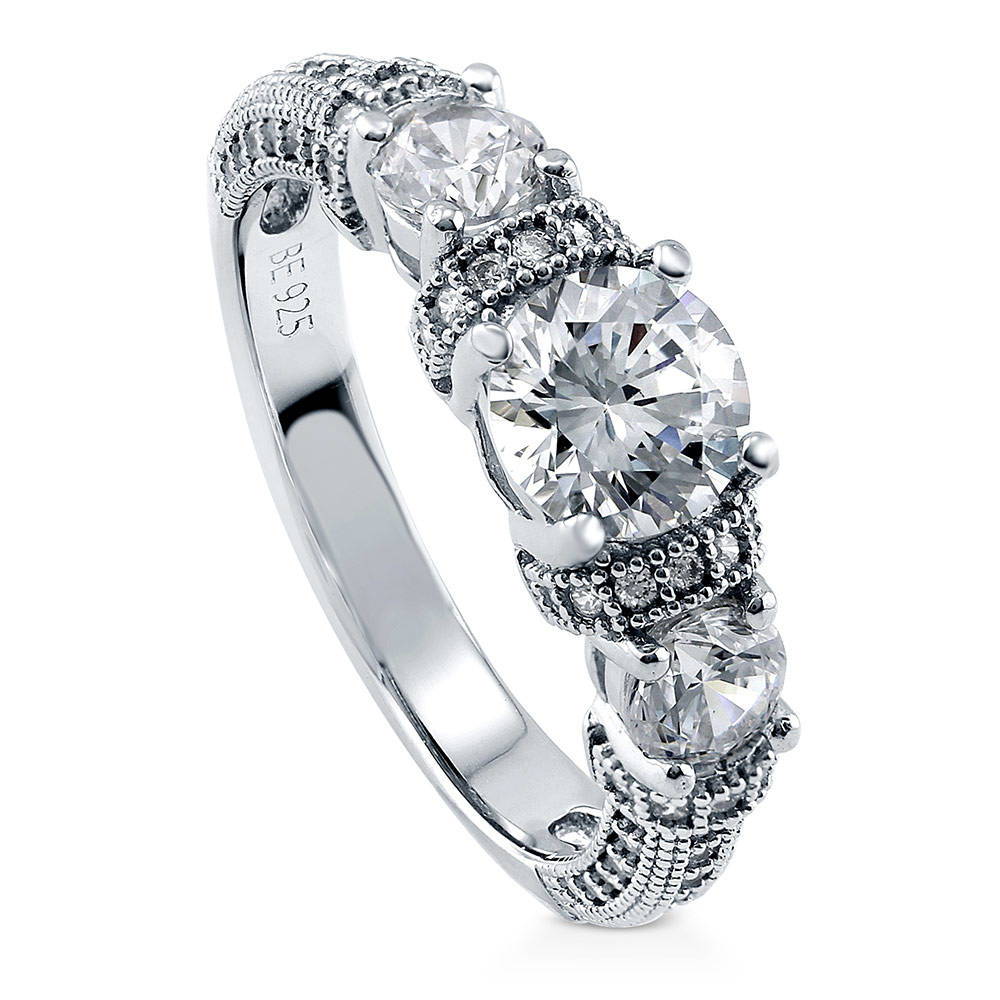 3-Stone Art Deco Milgrain 0.8ct CZ Ring in Sterling Silver