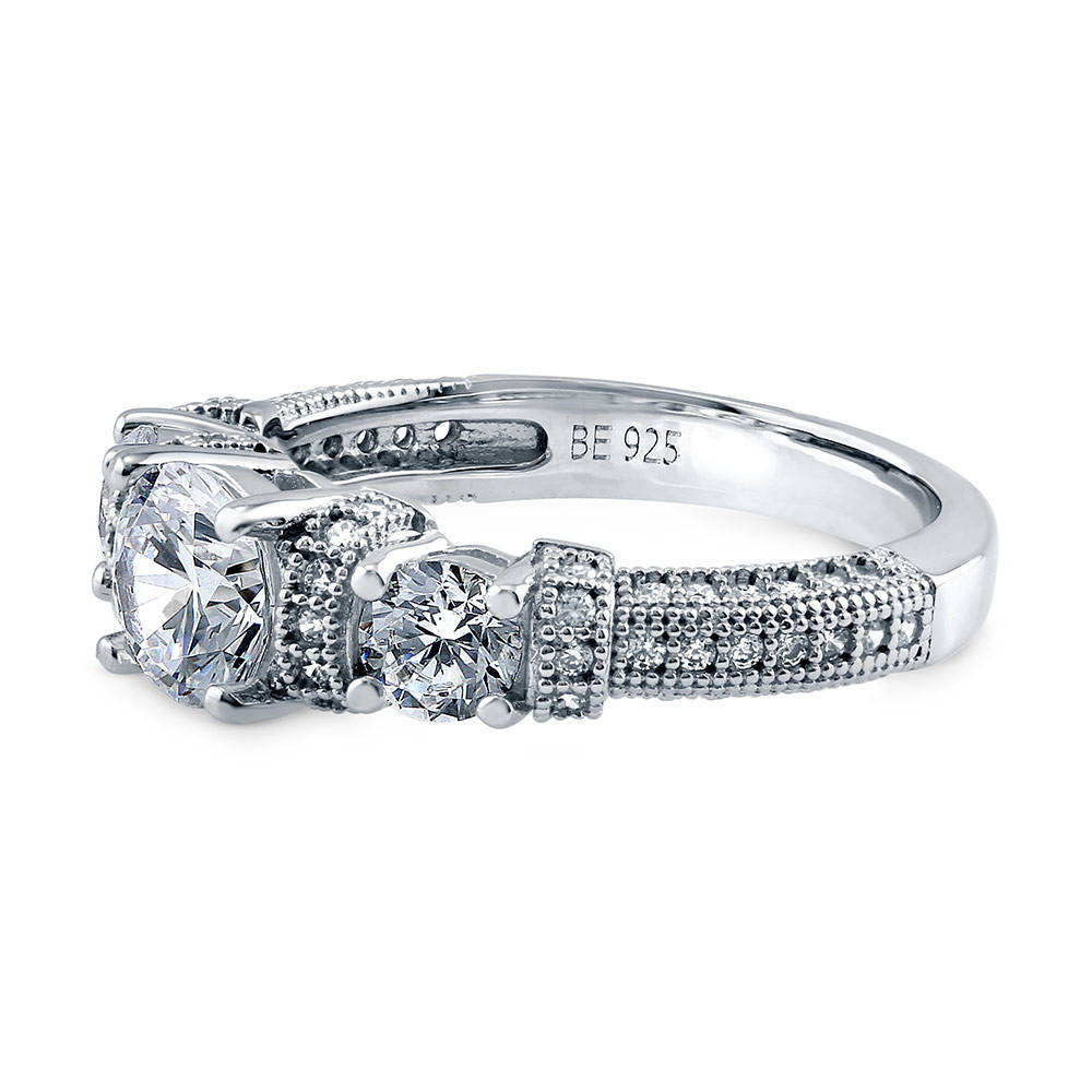 3-Stone Art Deco Milgrain 0.8ct CZ Ring in Sterling Silver