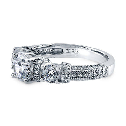 3-Stone Art Deco Milgrain 0.8ct CZ Ring in Sterling Silver
