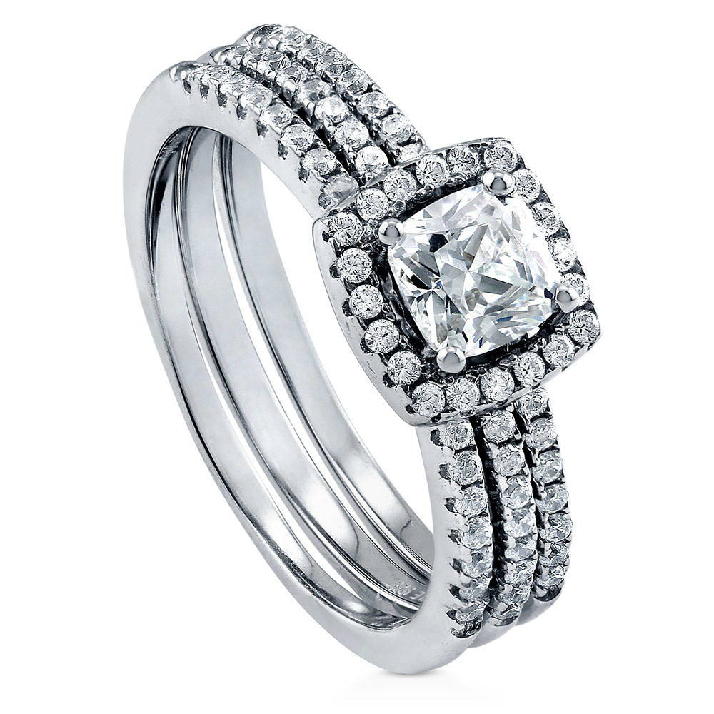Front view of Halo Cushion CZ Ring Set in Sterling Silver, 4 of 10