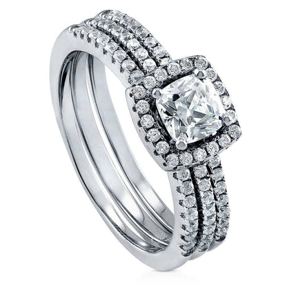Halo Cushion CZ Ring Set in Sterling Silver
