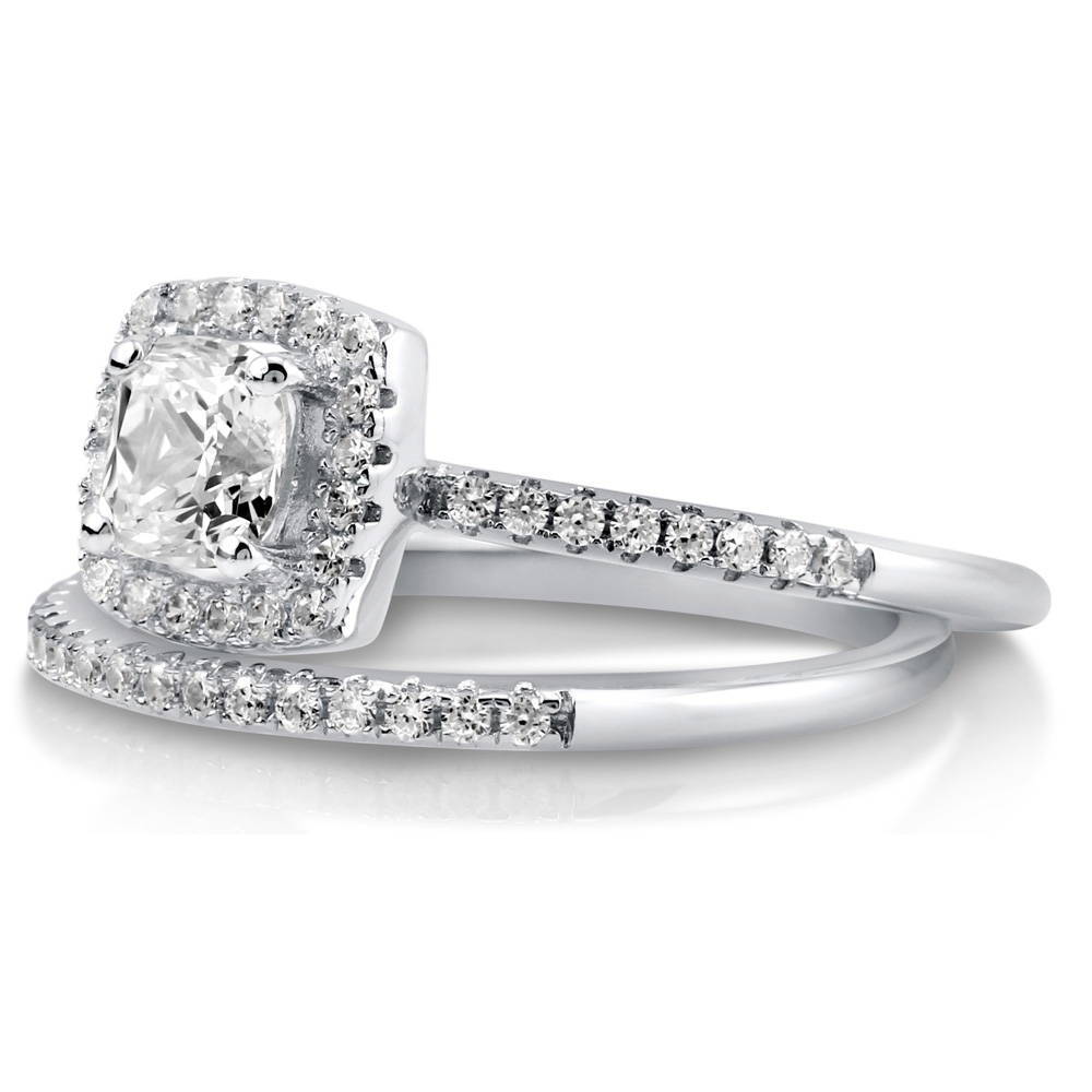 Angle view of Halo Cushion CZ Ring Set in Sterling Silver, 5 of 10