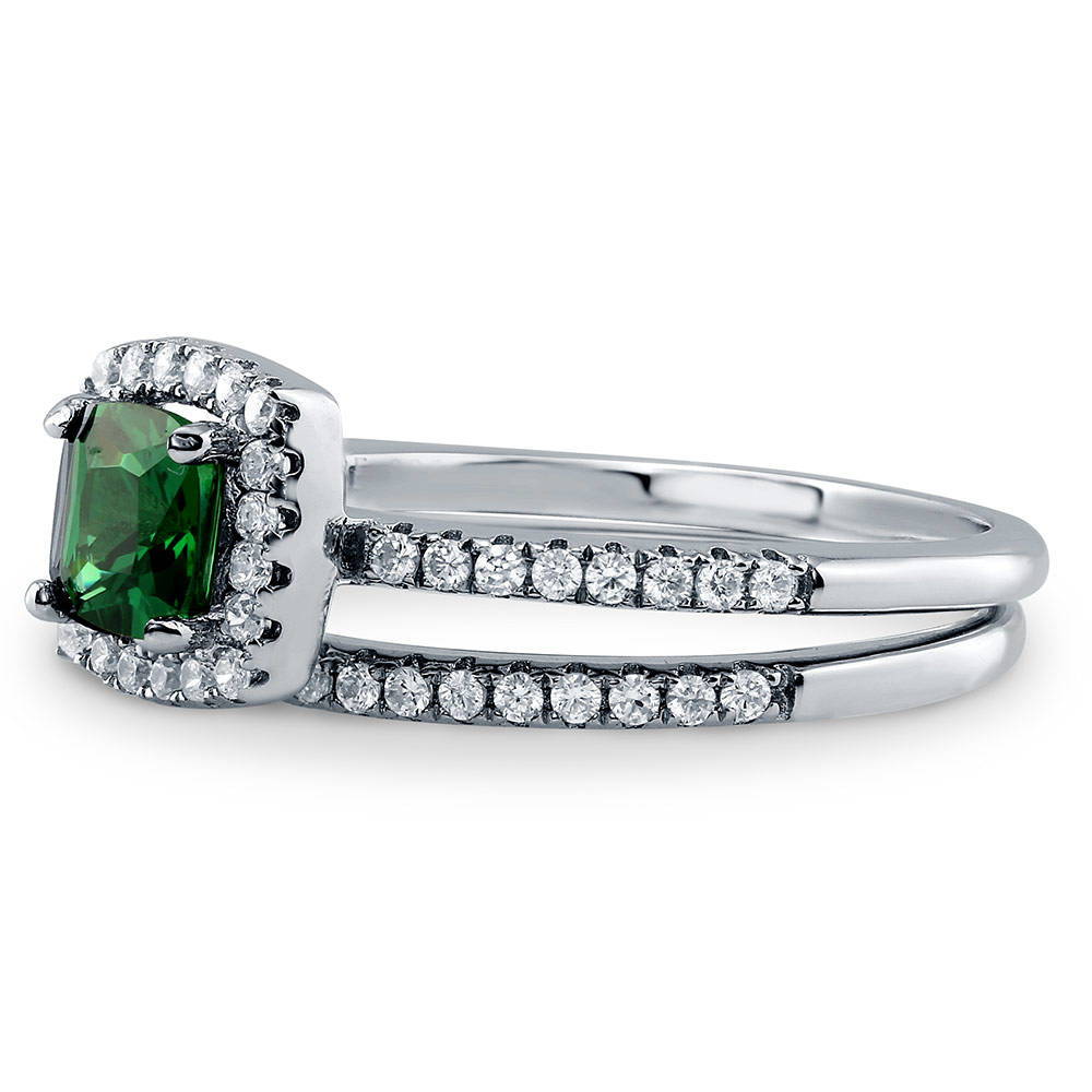 Halo Simulated Emerald Cushion CZ Ring Set in Sterling Silver