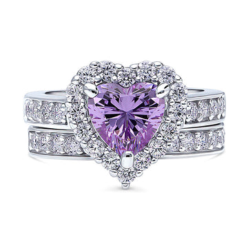 Halo Purple Heart CZ Statement Ring Set in Sterling Silver